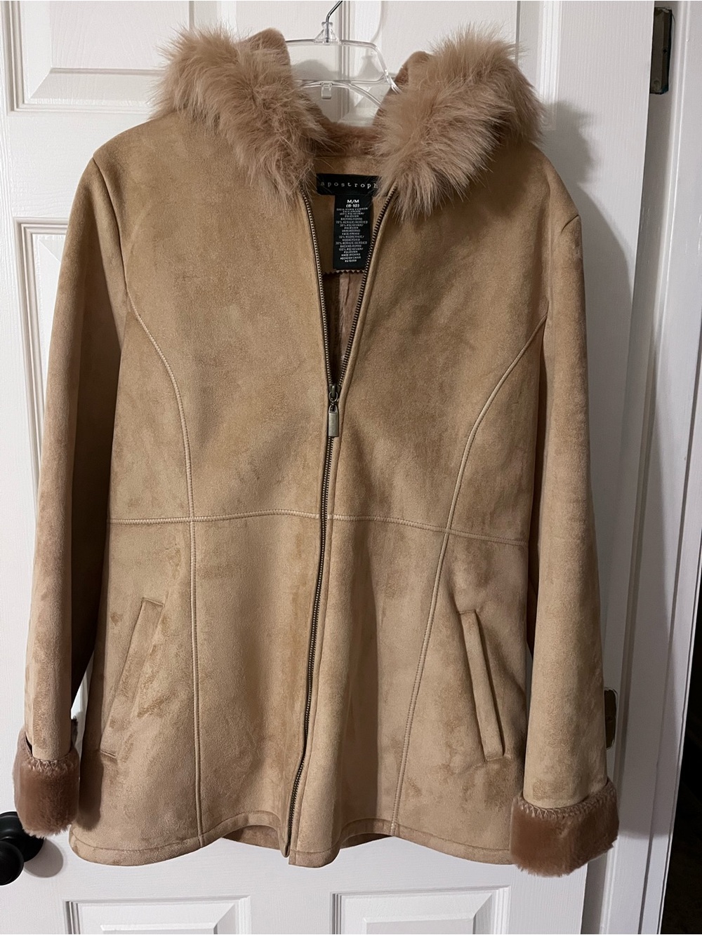 Apostrophe Tan Faux Suede Hooded Teddy Jacket with Fur Trim